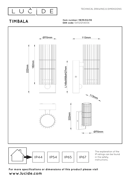 Lucide TIMBALA - Wandspot / Wandlamp Binnen/Buiten - 2xGU10 - IP44 - Beweging & dag/nacht sensor - Zwart | Essential - technisch